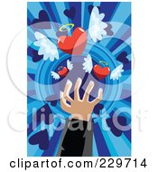 Royalty Free RF Clipart Illustration Of A Hand Releasing Winged Hearts Over Blue Rays by mayawizard101