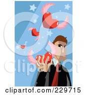 Poster, Art Print Of Businessman Holding A Winged Heart On Blue