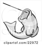 Clipart Illustration Of A White Fish Jumping Up And Biting A Hook On A Fishing Line