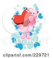 Poster, Art Print Of Pink Teddy Bear Holding A Heart Over A Blue Hearts On White