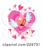 Poster, Art Print Of Red Winged Heart Over Pink And Beige Hearts And Splatters On White