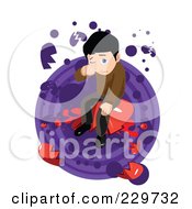 Sad Man Crying And Sitting On A Heart Over Purple And White
