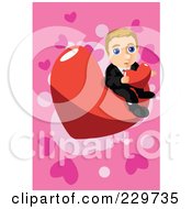 Royalty Free RF Clipart Illustration Of A Nervous Businessman Sitting On A Heart And Holding A Heart Over Pink