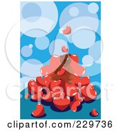 Poster, Art Print Of Teddy Bear Sitting In A Pile Of Hearts On A Blue Background