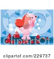 Royalty Free RF Clipart Illustration Of A Pink Teddy Bear Carrying A Heart Over A Blue Heart Background by mayawizard101