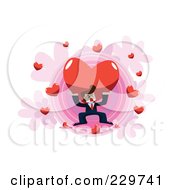 Royalty Free RF Clipart Illustration Of A Businessman Holding A Heavy Heart Over Pink And White