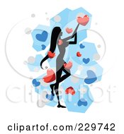 Royalty Free RF Clipart Illustration Of A Silhouetted Woman Standing And Reaching For Hearts Over Blue And White