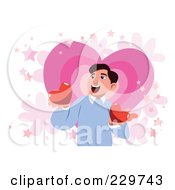 Poster, Art Print Of Happy Man Holding Two Hearts Over Pink And White