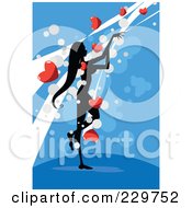 Royalty Free RF Clipart Illustration Of A Silhouetted Woman Standing And Reaching For Hearts Over Blue