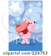 Poster, Art Print Of Pink Teddy Bear Carrying A Heart Over A Blue Star Background