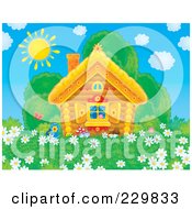 Poster, Art Print Of Cute Log Cabin With A Field Of Daisy Flowers - 1