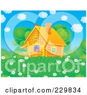 Royalty Free RF Clipart Illustration Of A Cute Log Cabin With A Field Of Daisy Flowers 2