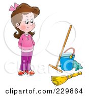 Royalty Free RF Clipart Illustration Of A Stubborn Girl Looking At Cleaning Supplies 1