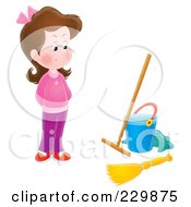 Royalty Free RF Clipart Illustration Of A Stubborn Girl Looking At Cleaning Supplies 2