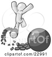 White Man Jumping For Joy While Breaking Away From A Ball And Chain Symbolizing Freedom From Debt Or Divorce