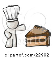 Poster, Art Print Of White Chef Man Wearing A White Hat And Presenting A Tasty Slice Of Chocolate Frosted Cake