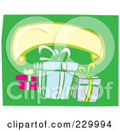 Poster, Art Print Of Blank Banner Over Birthday Presents On Green