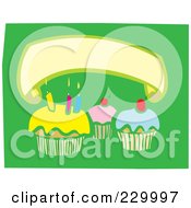 Blank Banner Over Birthday Cupcakes With Candles On Green