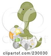 Poster, Art Print Of Cute Baby Brontosaurus Dino Holding A Ball And Wearing A Diaper