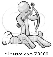 Clipart Illustration Of A White Man A Hunter Holding A Bow And Arrow Over A Dead Buck Deer