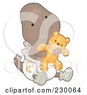 Cute Baby Stegosaurus Dino Holding A Teddy Bear And Wearing A Diaper