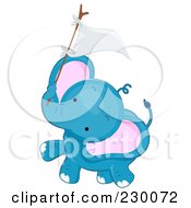 Poster, Art Print Of Baby Blue Elephant Holding Up A Flag On A Stick