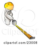 Poster, Art Print Of White Man Contractor Wearing A Hardhat Kneeling And Measuring