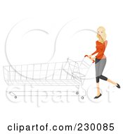 Poster, Art Print Of Blond Shopping Woman Pushing A Long Cart
