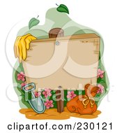 Garden Gloves By A Shovel And Bag With Flowers An A Blank Wood Sign