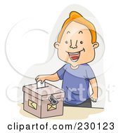 Happy Male Voter Sticking His Ballot In A Box Over Gray