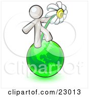 Poster, Art Print Of White Man Standing On The Green Planet Earth And Holding A White Daisy Symbolizing Organics And Going Green For A Healthy Environment