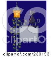 Poster, Art Print Of Black Cat Sitting On A Sign Post With A Vine And Lamp At Night