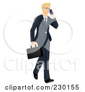 Royalty Free RF Clipart Illustration Of A Blond Businessman Walking And Chatting On A Cell Phone