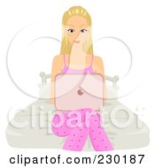 Poster, Art Print Of Blond College Girl Sitting On A Bed And Using A Laptop