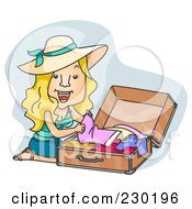Royalty Free RF Clipart Illustration Of A Happy Woman Packing Her Luggage Over Grey