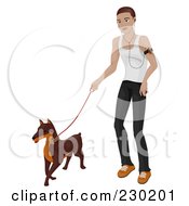 Poster, Art Print Of Man Listening To An Mp3 Player And Walking His Dog