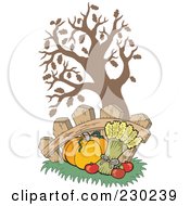 Poster, Art Print Of Pumpkin Wheat And Apples Under A Tree Against A Fence