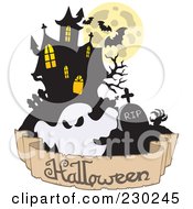 Poster, Art Print Of Haunted Mansion Ghost And Halloween Greeting Banner