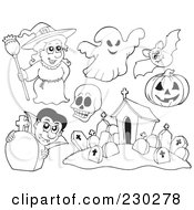 Poster, Art Print Of Digital Collage Of Halloween Coloring Page Outlines Of A Witch Ghost Skull Bat Pumpkin Vampire And Cemetery
