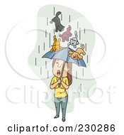 Poster, Art Print Of Cats And Dogs Raining Down On A Woman Over Gray