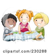 Royalty Free RF Clipart Illustration Of Diverse School Kids Reading A Book