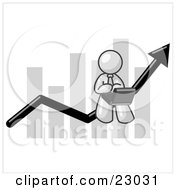 Poster, Art Print Of White Man Using A Laptop Computer Riding The Increasing Arrow Line On A Business Chart Graph