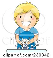 Poster, Art Print Of Happy Blond Boy Washing His Hands