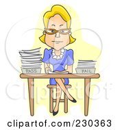 Royalty Free RF Clipart Illustration Of A Strict Teacher Sitting At Her Desk And Grading Papers Over Yellow