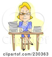 Poster, Art Print Of Strict Teacher Sitting At Her Desk And Grading Papers Over Yellow