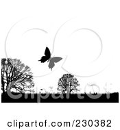 Royalty Free RF Clipart Illustration Of A Silhouetted Butterfly Over Trees And Grass With White Copy Space