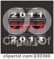 Royalty Free RF Clipart Illustration Of 2011 2012 And 2013 Counters With Happy New Year Text On Carbon Fiber