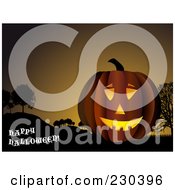 Royalty Free RF Clipart Illustration Of A Happy Halloween Greeting By A Jackolantern In A Hilly Landscape
