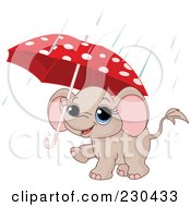 Poster, Art Print Of Cute Baby Elephant Carrying A Polka Dot Umbrella In The Rain