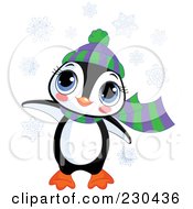 Poster, Art Print Of Cute Baby Penguin Wearing A Hat And Scarf In The Snow